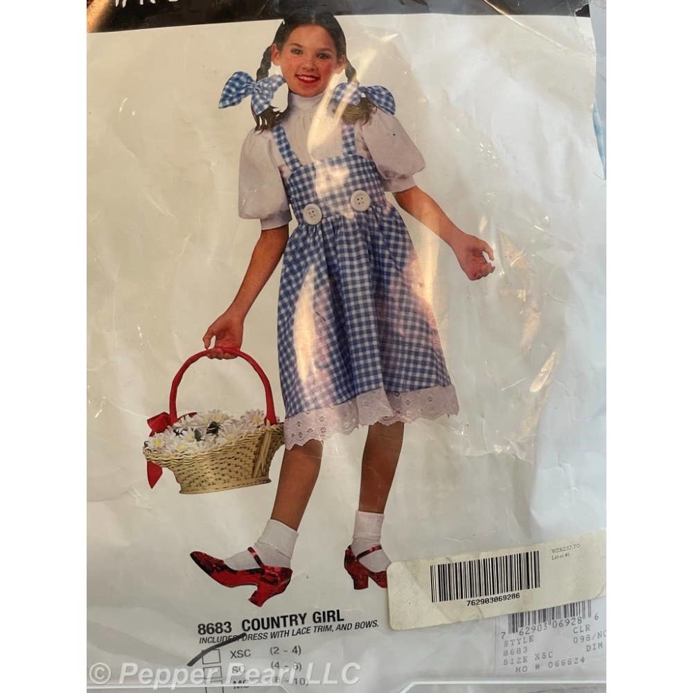 Country Girl Costume Dress Blue White Gingham Lace Hair Bows Extra Small Cosplay